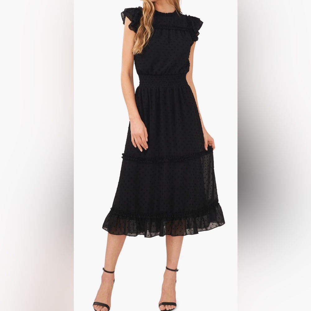 CeCe Black clip dot flutter sleeve Midi Dress